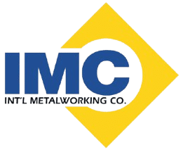 לוגו של IMC (International Metalworking Company) הכולל אותיות כחולות גדולות "IMC" וטקסט קטן יותר "INT’L METALWORKING CO." על רקע צורת יהלום צהובה.