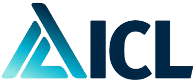 לוגו ICL המציג משולש כחול מסוגנן לצד האותיות "ICL" בכחול כהה ובולט על רקע לבן.