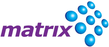 הלוגו כולל את המילה "matrix" באותיות קטנות סגולות לצד מקבץ של תשע כדוריות תלת-ממדיות כחולות המסודרות בתבנית רשת.