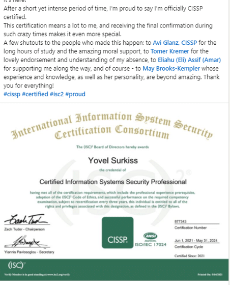 פוסט ברשתות החברתיות המציג תעודת CISSP, הודעת ברכה והודאות לתומכים, עם תמונה של התעודה המודפסת בתחתית.