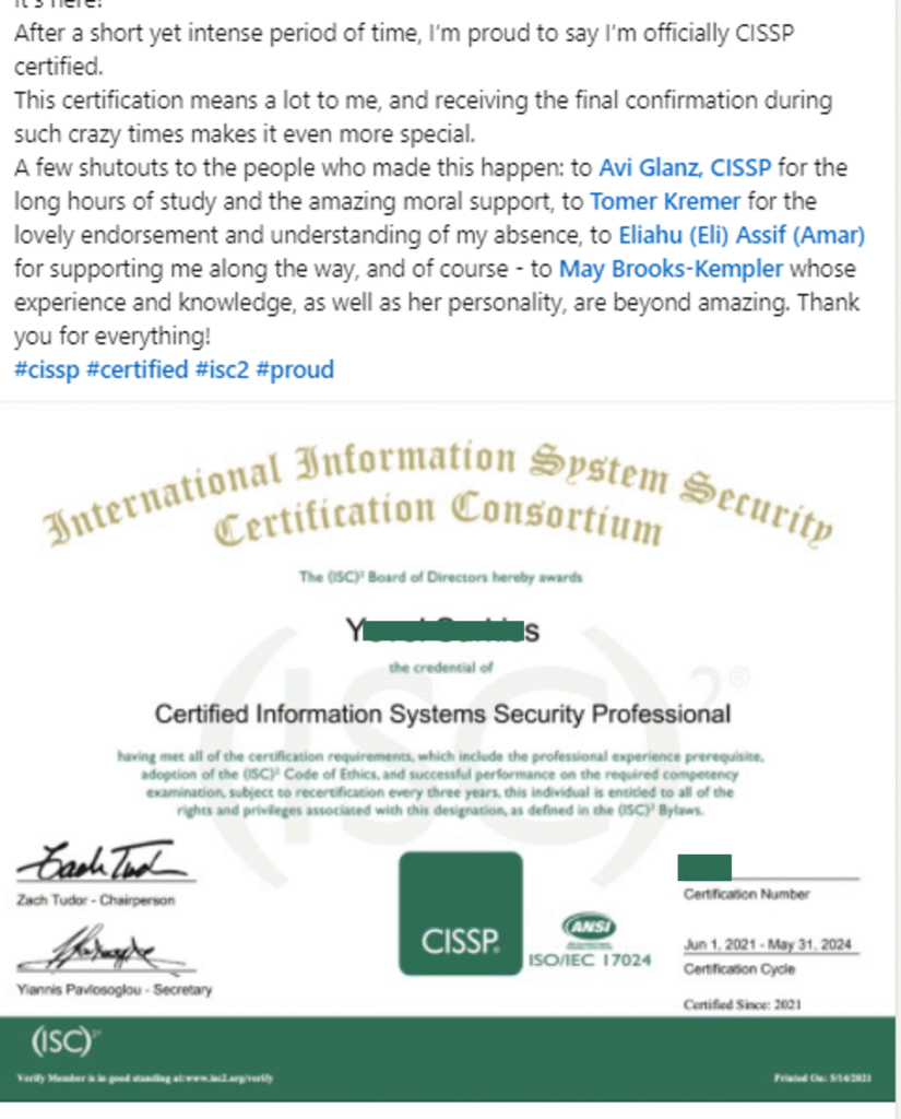 צילום מסך של פוסט ב-LinkedIn המודיע על קבלת הסמכת CISSP, הכולל טקסט, פרטים על ההסמכה, לוגו ותודות מתויגות לעמיתים.