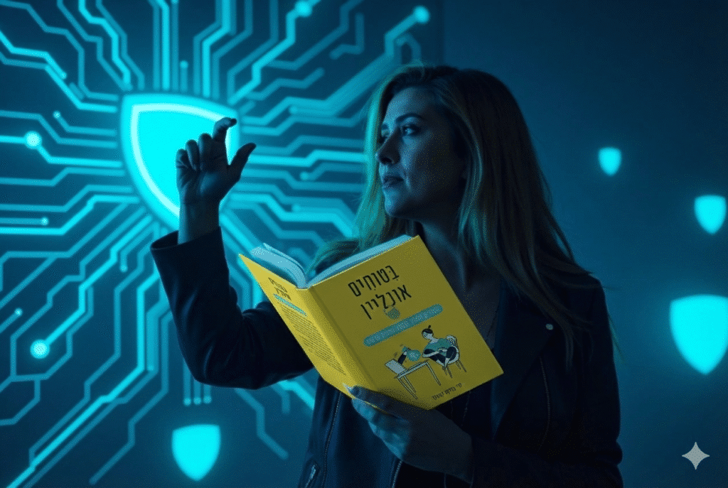 אישה מחזיקה ספר צהוב עם טקסט בעברית ומחווה בידה מול מעגל מודפס דיגיטלי וגרפיקה של מגן, המרמזים על נושאים הקשורים לאבטחת סייבר.